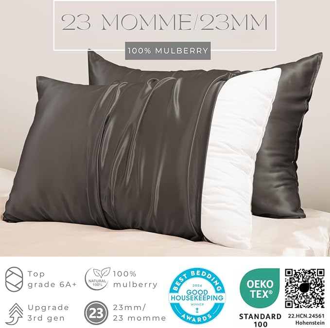 PROMEED Grey Silk Pillowcase Standard Size - Both Sides 23 Momme Grade 6A+Mulberry Silk Pillow Case Covers for Hair and Skin, Soft and Acne Free (Standard 20"x26", Grey)