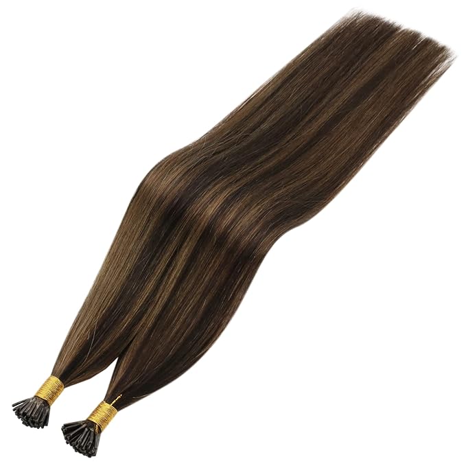 YoungSee I Tip Hair Extensions Human Hair Brown I Tip Hair Extensions Highlight Dark Brown with Brown Itip Human Hair Extension 20 Inch Highlight Pre Bonded Hair Extension Silky Straight 50s 50g