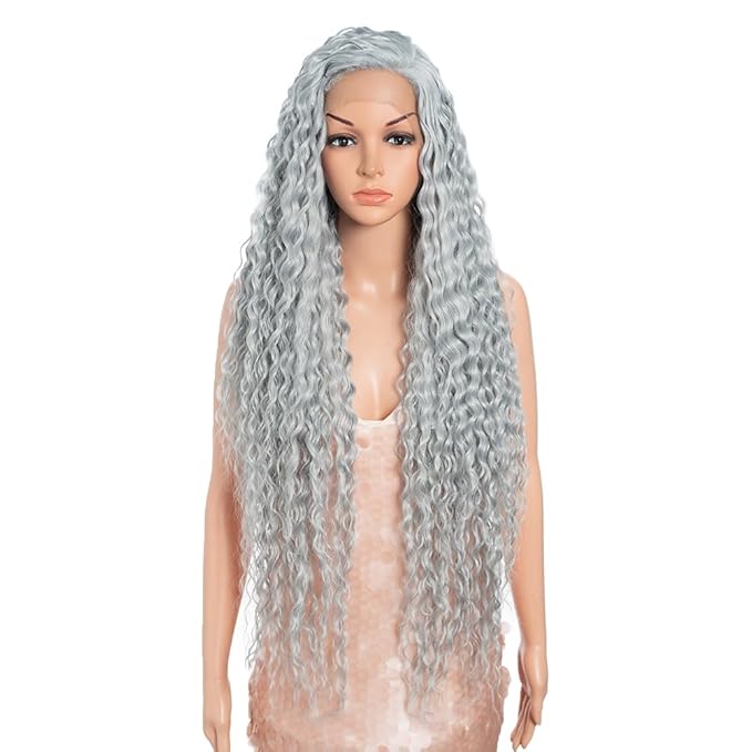 Style Icon 36”Super Long Curly Wig C-Shaped Side Part Lace Wig Afro Baby Hair Synthetic Blue Wig （36 Inches, GBLUE12 ）