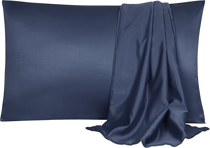 uxcell 2 Pack Silk Satin Pillowcase for Hair and Skin, Cool, Silky, Soft Breathable Pillow Cases King Size 20x36 Inch Sateen Pillowcase Navy with Envelope Closure