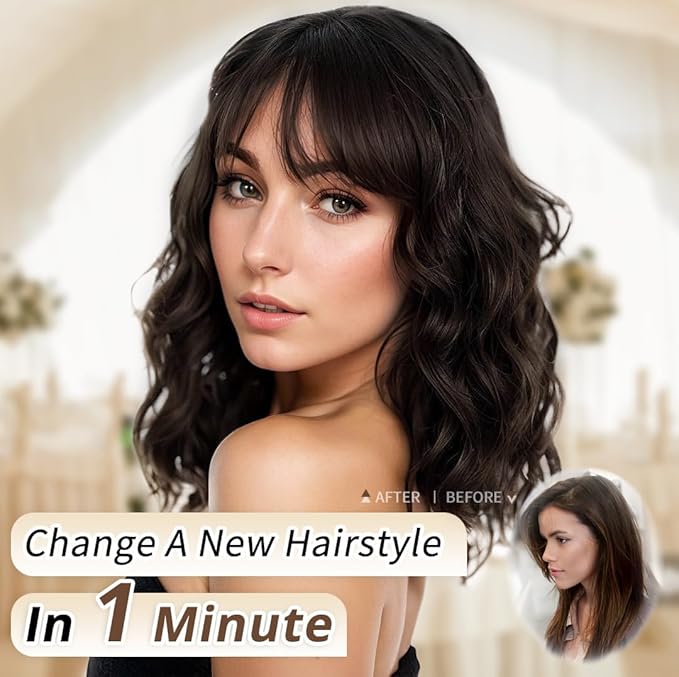 AISI HAIR Natural Brown Synthetic Curly Wavy Bob Wig with Bangs for Women, 21-23 Inches