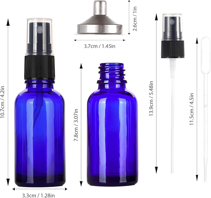 1 oz Glass Blue Spray Bottles,Small Empty Fine Mist Refillable Travel Spray Bottle for Cleaning,Perfume,Aromatherapy,Cosmetic Sprays,Hair,Essential Oils with Fine Mist Dispenser（6 Pack）