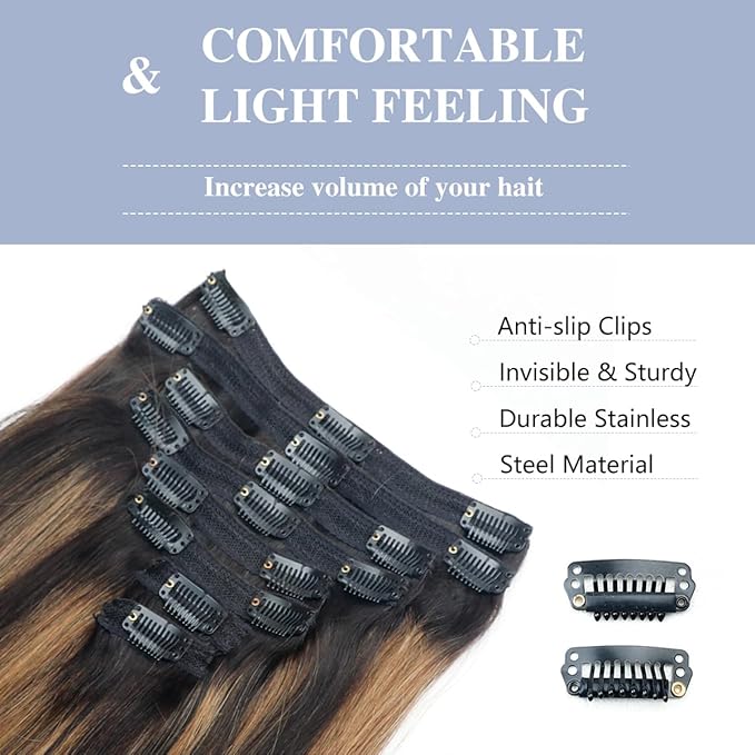 Balayage Clip in Hair Extensions Real Human Hair Straight Remy Human Hair Clip ins for Women, Natural Soft Human Hair, 8Pcs 120g, 30inch #1B/6/1B Balayage Natural Black to Chestnut Brown