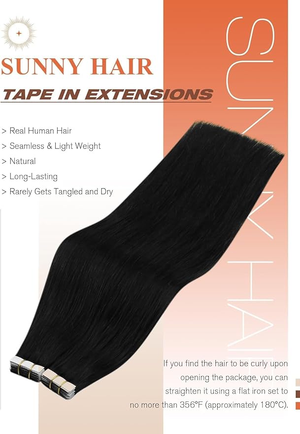 Sunny Hair Tape in Hair Extensions Human Hair 24inch Hair Extensions Real Human Hair Tape in Extensions for Women Jet Black Invisible Remy Hair Natural Straight Skin Weft Double Sided Tapes 20Pcs 50g
