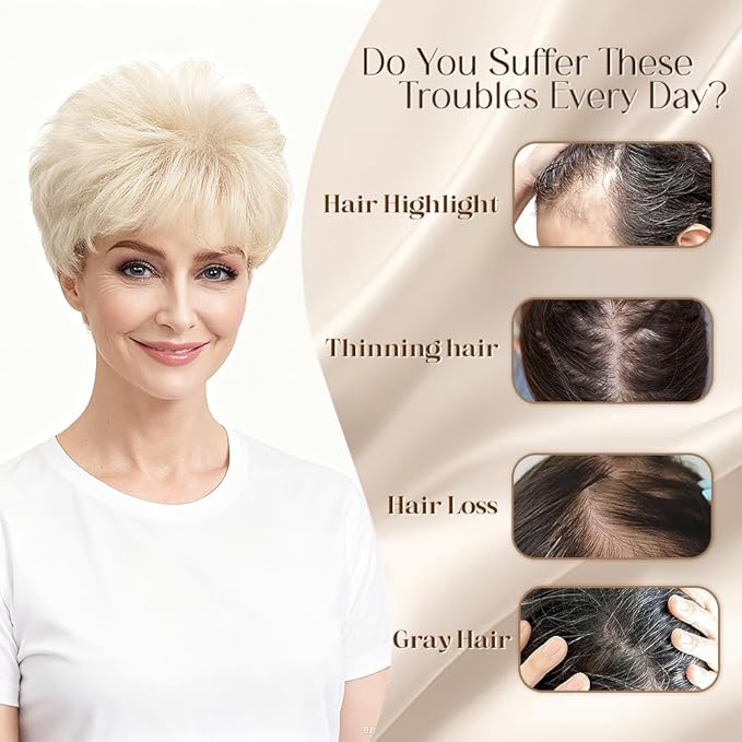 Short Hair Topper for Thinning Hair 4 Inch Short Pixie Cut Toppers Pieces Natural Curly Synthetic Black Wiglets Hairpieces (Light Ash Blonde, 4 inch)