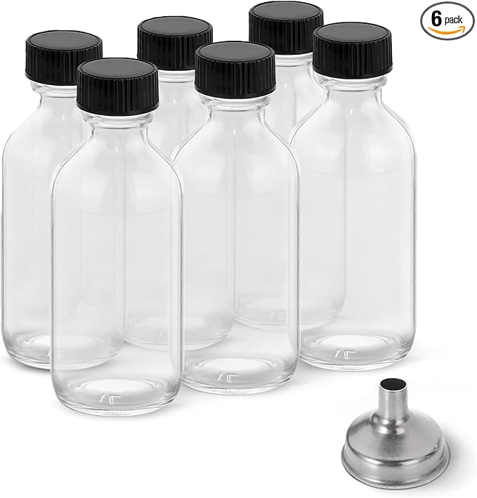 DIDITIME 6 Pack 2 oz Shot Bottles with Caps & Stainless Steel Funnels, Juicing Bottle Reusable Glass, Mini Travel Bottles, 60ml Small Jars with Lids for Potion, Ginger Shots, Oils, Juice