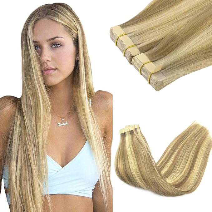 GOO GOO Tape in Hair Extensions Human Hair, 16/22 Light Blonde Highlighted Golden Blonde, 16inch 100g 40pcs, Skin Weft Seamless Invisible, Silky Straight with Thick Ends, Remy Human Hair