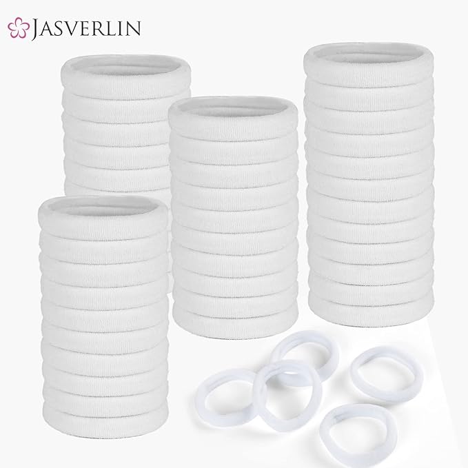 White Cotton Fabric Hair Ties, Soft Seamless Ponytail Scrunchies Elastic Bands for Women’s Braided Curly Thin Thick Hair No Damage Crease 1.5 Inch 100 pcs