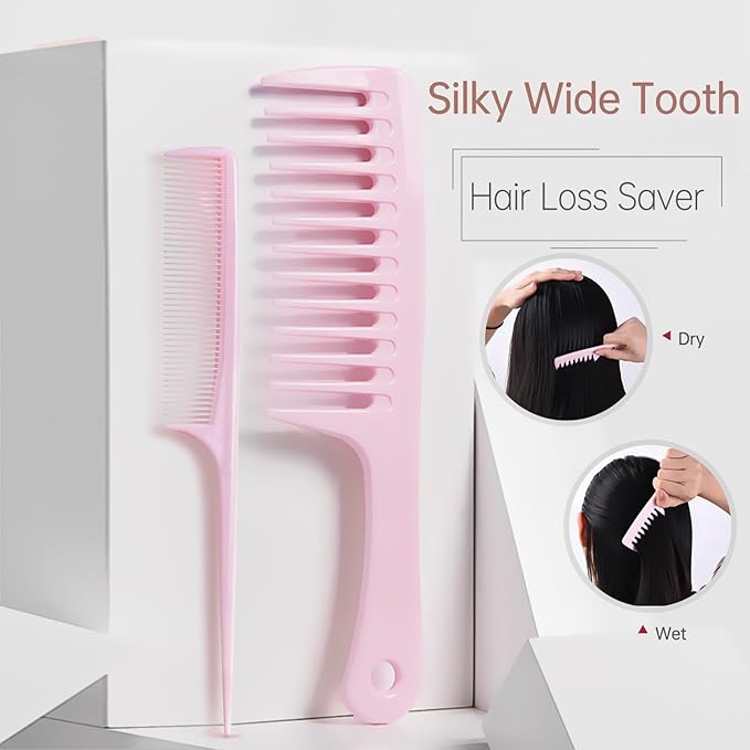 Wide Tooth Comb for Women Curls Styling, Pink Large Hair Comb for Wet or Dry Use in Shower, Blow Drying, Travel - Hurt-Free Brushing on All Hair Types, 1 Pack