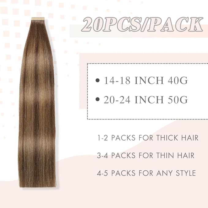 Tape in Hair Extensions Human Hair 20pcs Remy Hair Extensions 18 Inch Darkest Brown to Medium Brown Invisible Human Hair Tape in Extensions Skin Weft Tape Extensions Human Hair (P2/10#,18 Inch)