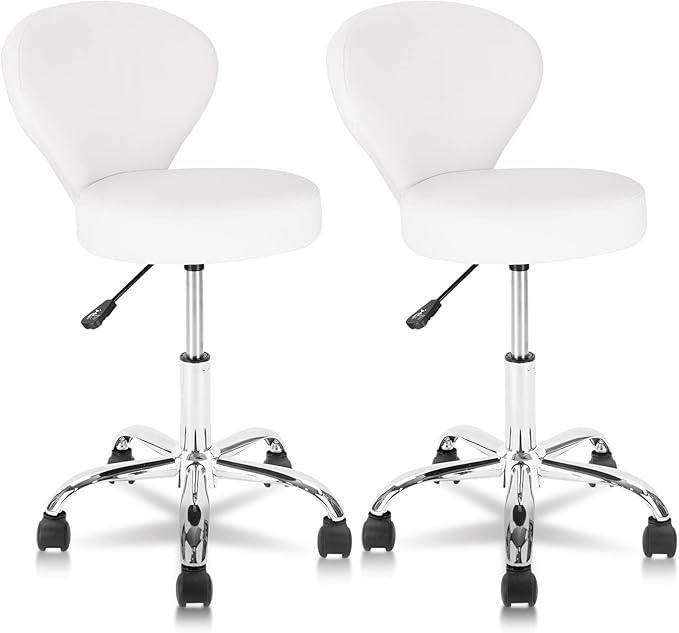 Set of 2 PVC Faux Leather Rolling Swivel Salon Stool Chair with Back Support Adjustable Hydraulic Seat Height 22 in Diameter 15 Inch for Facial Spa Medical Tattoo Beauty Barber White 2 Pack