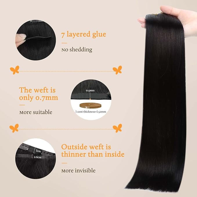 DOORES Clip in Hair Extensions Human Hair, Natural Black 150g 7pcs 20 Inch, Human Hair Extensions Invisible Edge Natural Weft