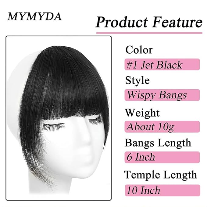 Clip in Bangs Jet Black Color 100% Real Human Hair Wispy Clip on Bangs Extensions Fringe with Temples Hairpieces for Women