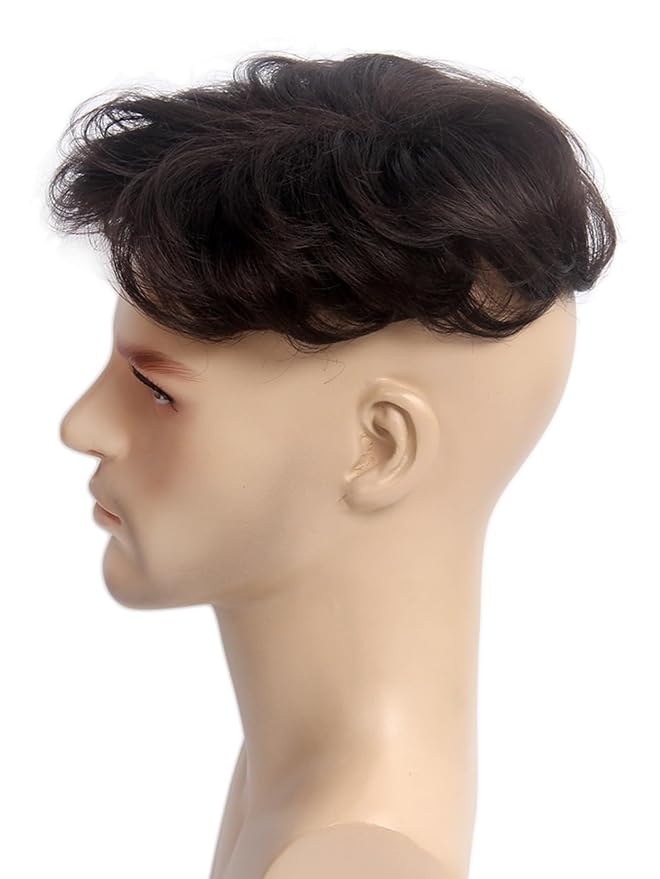 H&Bwig toupee for men,Men Short Toppers Hairpiece with toupee tape,Clips in Hair Extensions for Covering White Loss Hair, Glueless (Dark Brown)