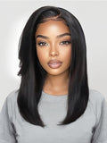 Yiroo Light Yaki Straight Wig Human Hair with Side Swept Bangs,7x5 Lace Front Bye Bye Knots Glueless Wig Human Hair Pre Plucked Pre Cut,Elastic Drawstring Wear and Go Wig for Women 150% Density 18Inch
