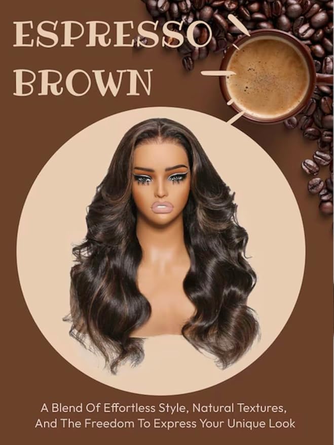 KLAIYI 13x4 Pre Everything Lace Front Chocolate Brown With Highlights Loose Body Wave Wig Human Hair Pre Cut Lace Pre Bleached Bye Bye Knots Pre Plucked Ombre Glueless Wear Go Wig Ready to Wear 18Inch