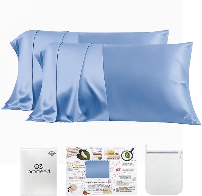 PROMEED 23 Momme Silk Toddler Pillowcase 2 Pack with Free Laundry Bag, Natural Highest Grade 6A+ 100% Mulberry Silk Pillow Case Set of 2, Zipper (Toddler/Travel 13"x18", Light Blue)