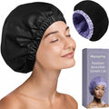 Premium Shower Cap for Women with Long Hair. Reusable, 100% Waterproof, Double-Sided, Great For Curls with Anti-Frizz Fabric terry-lined. Black shower caps for women