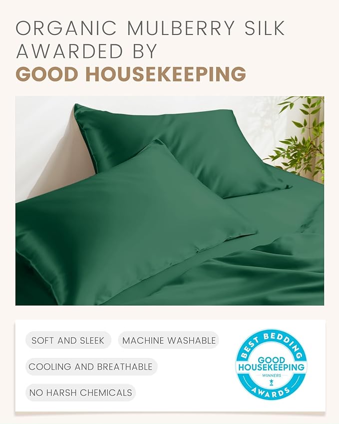 THXSILK Set of 2 100% Mulberry Silk Pillowcase for Hair and Skin, Grade 6A+ Mulberry Silk Pillow Cases Ultra-Soft, Hypoallergenic Pillow Case Cover with Zipper (California King 20"x40", Green)