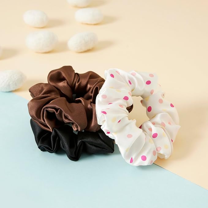 19Momme Silk Scrunchie Thick Hair Ties for Curly Hair, No Slip Hair Bands for Women, Vintage Satin Hair Accessories (Black,Polka dot,Brown)