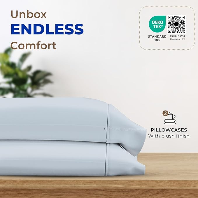 THREAD SPREAD 100% Egyptian Cotton Pillow Cases - 1000 Thread Count Pillow Cases Queen/Standard Size Set of 2, Soft & Breathable Extra Long Staple Sateen Cotton Pillow Covers for Bed - Light Blue