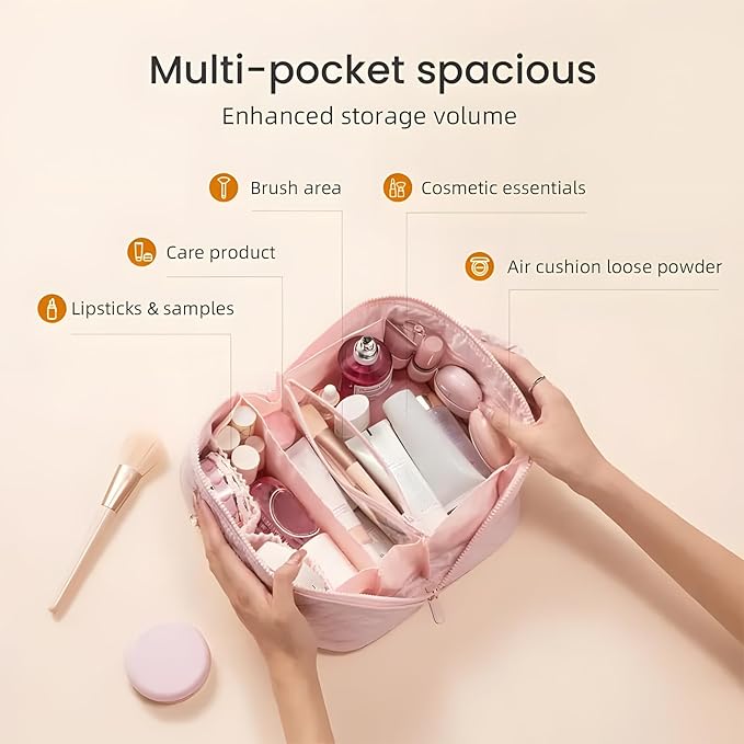 Amposei Makeup Bag Travel Toiletry Bag,Travel Makeup Bag for Women, Puffer Waterproof Cosmetic Organizer, Large Capacity Pouch Open Flat Small Toiletry Bag with Brush Compartment & Handle (Khaki)