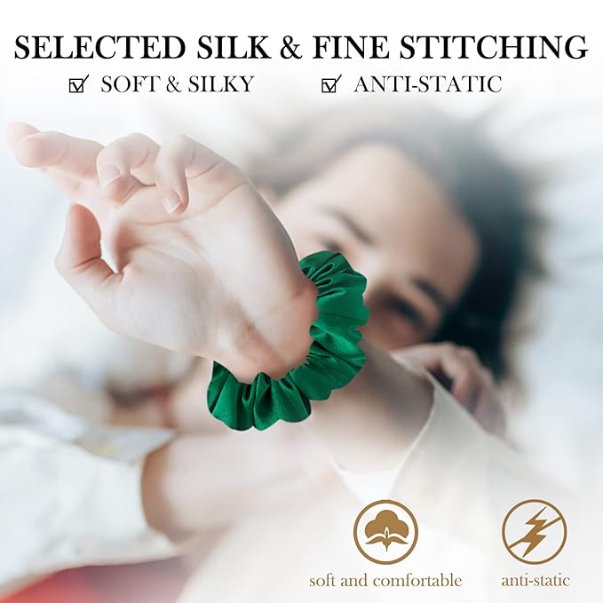 Silk Scrunchies For Hair, 3 Pack, 100% Mulberry Silk Hair Ties, 19 Momme, Natural Silk Elastic Hair Bands For Women And Girls'Hair Designed to Be Soft And Less Pulling (Emerald, Leopard,Navy Blue)