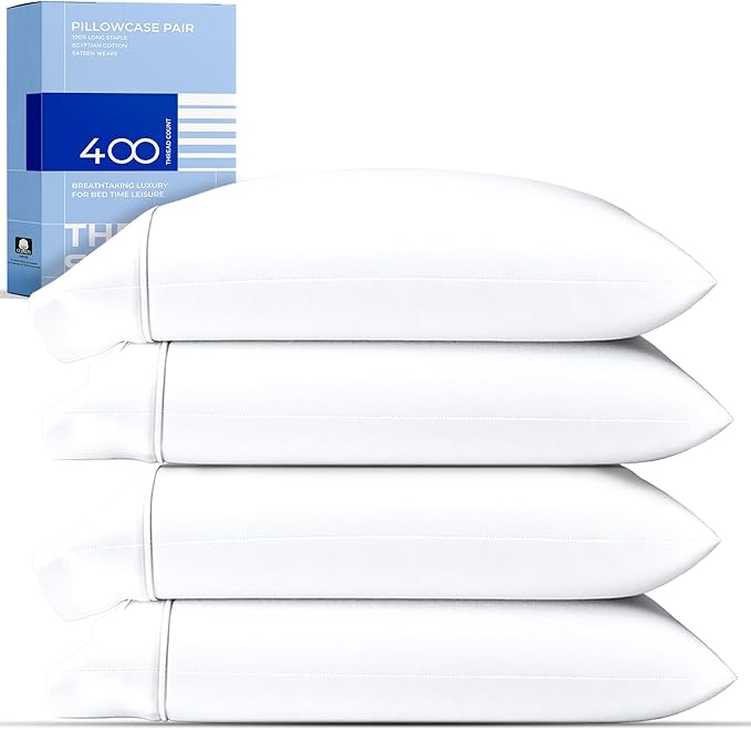 THREAD SPREAD 100% Cotton King Size Pillowcases Sets of 4-400 Thread Count Cotton Pillow Cases, Ultra Soft Cooling Sateen Weave Pillowcases, Set of 4 Pillow Covers for King Pillows - White