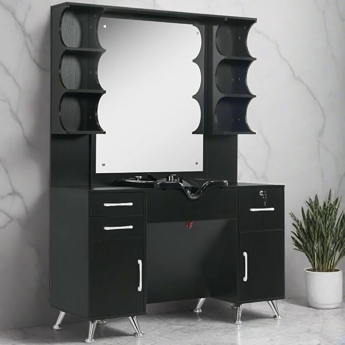 BarberPub Backwash Shampoo Bowl Cabinet, Wall Mount Station with Mirror, Storage Cabinet with Drawers & Shelf Salon Equipment 3141 (Black)
