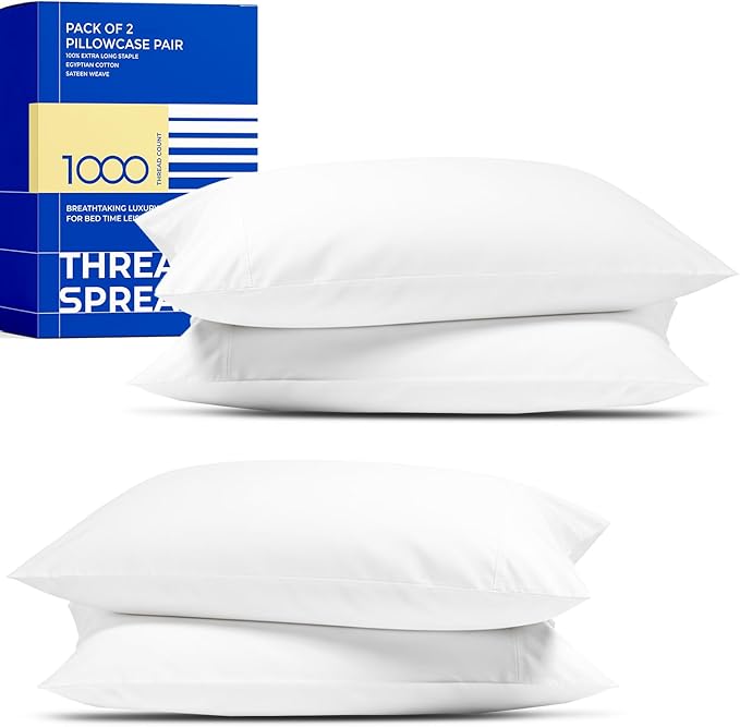 THREAD SPREAD 100% Egyptian Cotton Pillow Cases - High Thread Count Pillowcases Queen/Standard Size Pack of 2, Soft & Breathable Extra Long Staple Sateen Weave Cotton Pillow Covers for Bed - White