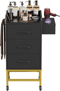 Salon Trolley Cart with Toughened Glass Top, 4 Wheels (2 Lockable) Rolling Barber Station w/Wheels, Drawers, Hair Dryer Holders, Towel Rack, Salon Storage Equipment for Hair Stylist, Black