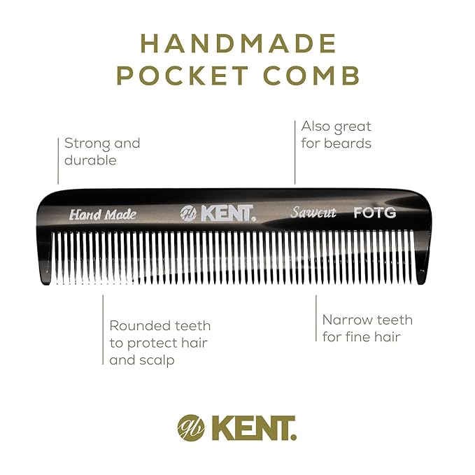 Kent A FOT Handmade Pocket Comb for Men, Women and Kids, All Fine Tooth Hair Comb Straightener for Everyday Grooming and Styling Hair, Beard and Mustache, Saw Cut and Hand Polished, Made in England
