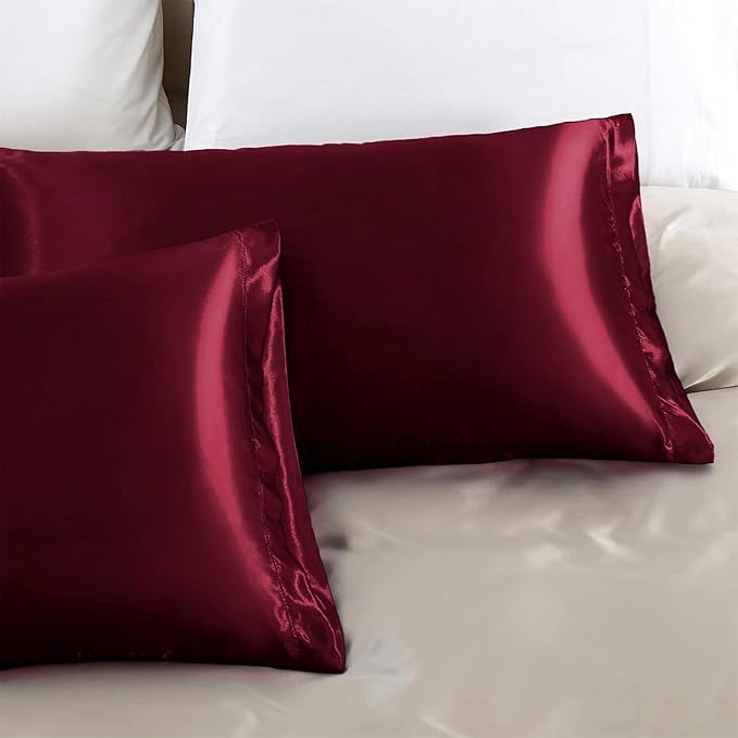 Aormenzy Satin Pillow Cases for Women Queen Size Set of 2, Burgundy Satin Pillowcase for Hair with Envelope Closure Silky Pillow Covers Wrinkle, Fade Resistant (20x30 Inches)