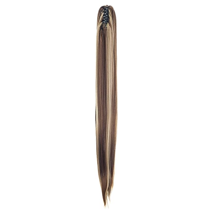 SWACC 28-Inch Long Straight Claw Clip Ponytail Extensions Synthetic Hair Extensions Ponytail Jaw Clip Hair Pieces for Women (Light Brown/Beige Highlights-12H24#)