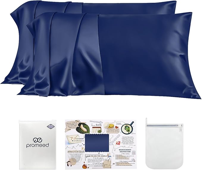 PROMEED 23 Momme Silk Pillowcase 2 Pack with Zipper, 3rd Gen Grade 6A+ 100% Mulberry Silk Pillow Case Set of 2, Cooling Pillow Cases for Hot Sleepers (King 20"x36", Navy)