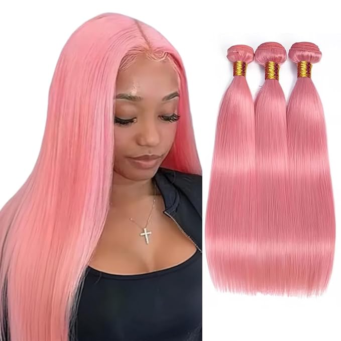 Light Pink Human Hair Bundles Pink Straight Bundles 24 26 28 Inch Niegmeag Hair Unprocessed Brazilian Virgin Remy Hair Extensions For Woman