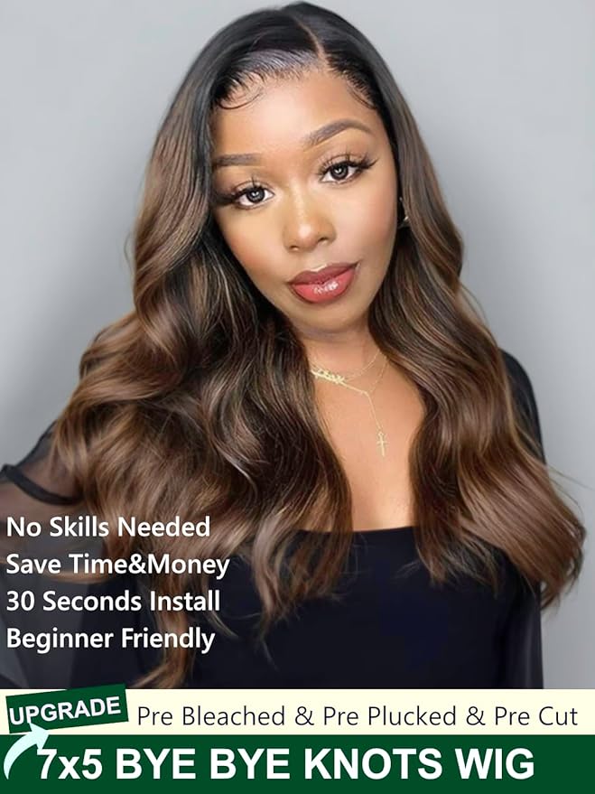 KLAIYI Bye Bye Knots Glueless Wig Ombre Brown Body Wave Pre Cut 7x5 Lace Front Wigs Human Hair Pre Plucked Pre Bleached Pre Everything Wear and Go Wig 12A Highlight Balayage 30S Ready To Go 18Inch