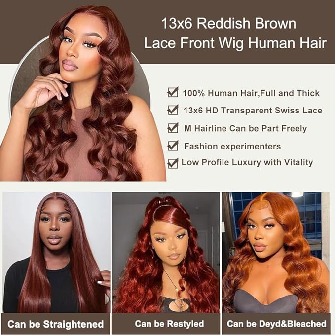 BVH 22 Inch Reddish Brown 13x6 Lace Front Wigs Human Hair Body Wave Wigs Human Hair 200 Density Hd Lace Frontal Wigs M Hairline 33# Brown Wigs (13x6 Reddish Brown Lace Front Wigs Human Hair, 22 a1)