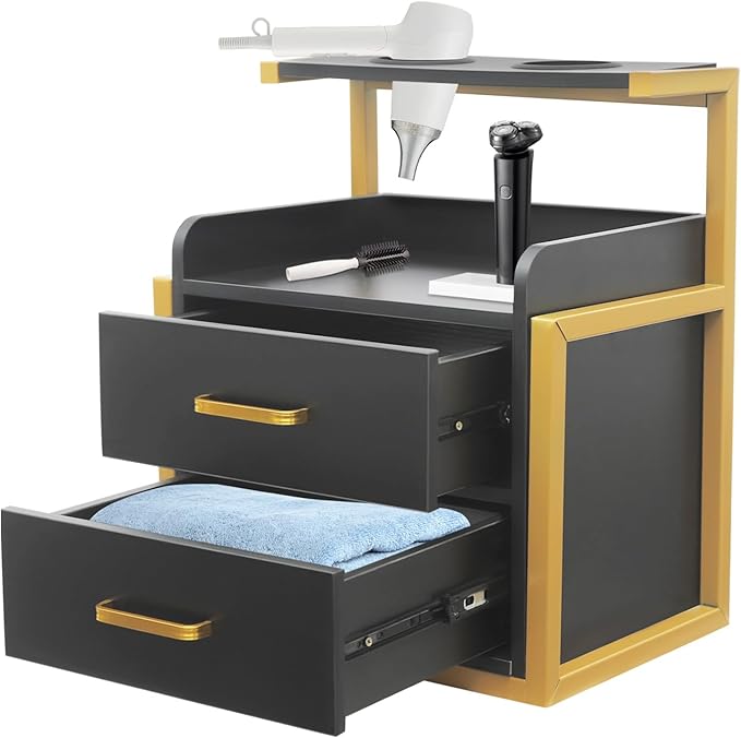 Suspended Salon Station for Hair Stylist, Wall Mounted Styling Salon Station Storage Cabinet w/2*Drawers &Hair Dryer Stand,Floating Nightstand Stylist Storage Cabinet for Home (Gold+Black)