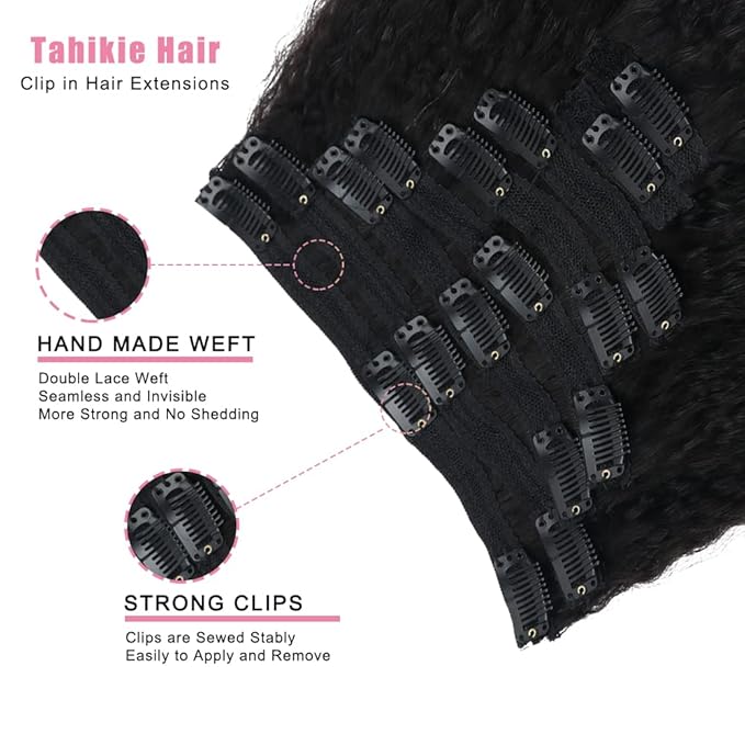 Kinky Straight Human Hair Clip in Extensions 120g Full Head Clip ins for Women 100% Unprocessed Brazilian Virgin Human Hair Yaki Straight Clip ins Remy Hair Natural Black 8Pcs 18Clips 12inch