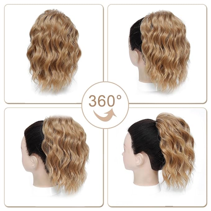 Ponytail Extension-12 Inch Drawstring Ponytail Hair Extensions for Women Synthetic Curly Wavy Fake Pony Tails Hair Pieces for Daily Party Use (Golden Blonde)