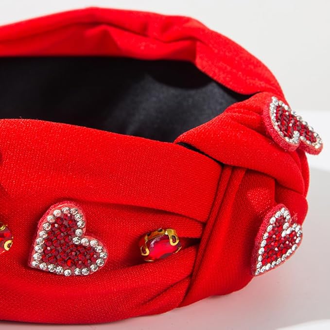 Valentine's Day Rhinestone Heart Headband, Red Fabric Hair Accessory with Crystal Beaded Hearts, Holiday Hair Fashion Accessories for Women Christmas New Year Gift