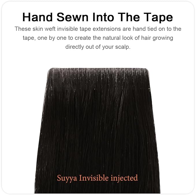 SUYYA Invisible Tape in Hair Extensions Human Hair Natural Black Seamless Injected Hand-Tied Pro Quality Virgin Human Hair 20PCS 50G/Pack Straight Tape Ins(18 inch #1B Off Black)