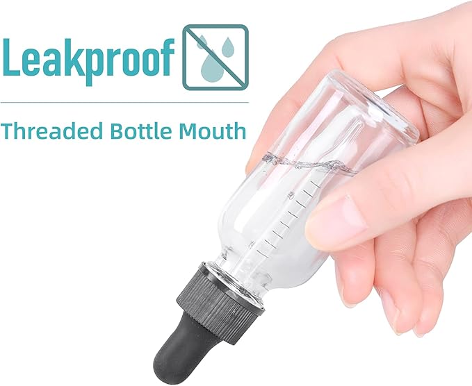 2 oz Dropper Bottle 12 Pack Clear Glass Boston Bottles 60ml with Eye Droppers Black Caps for Essential Oils, Perfume, Leak Proof Travel Bottles for Liquids