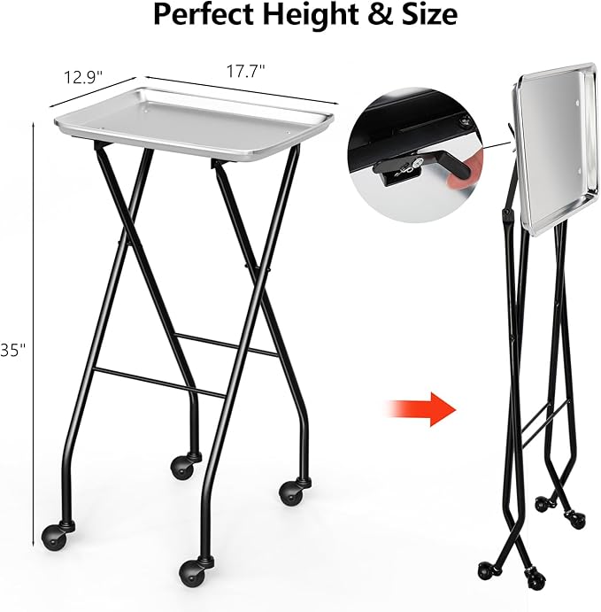 OmySalon Salon Tray on Wheels Folding Color Trays for Salon, Aluminium Tattoo Tray Rolling Trolley Cart Mobile Hair Cart for Cosmetology Stylist Hairdresser, Beauty Spa Service Storage Station
