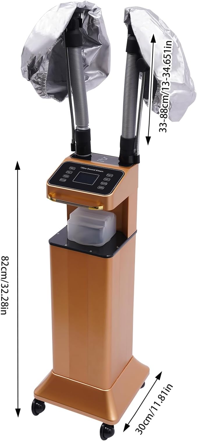 Nano Hair Steamer with 2 Vaporizing Caps, Standing Professional Micro Mist Hair Processor with Rolling Wheels, 650W 110V Nano Hair Steamer Machine, Multifunctional Hair Steamer for Hair Care (Gold)