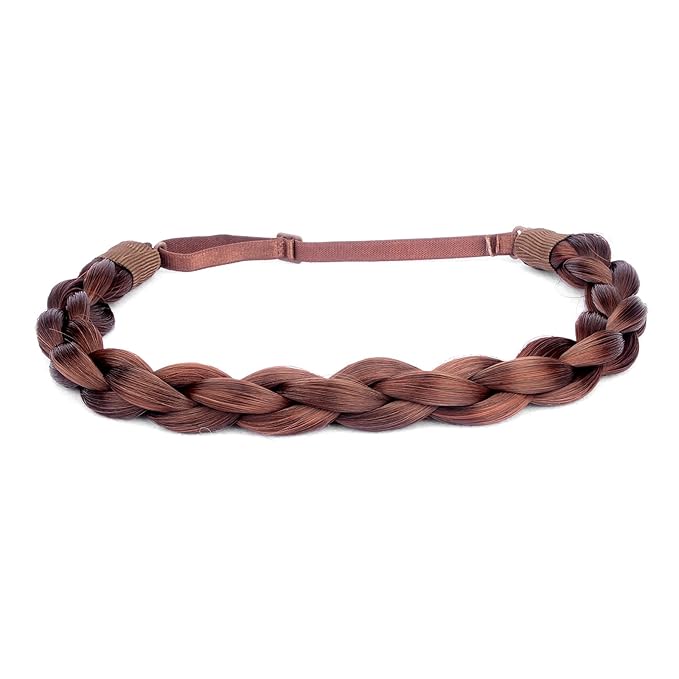 DIGUAN Chubby Narrow Synthetic Hair Braided Headband Classic Chunky Plaited Braids Elastic Stretch Hairpiece Women Girl Beauty, 58 g (Reddish Brown)