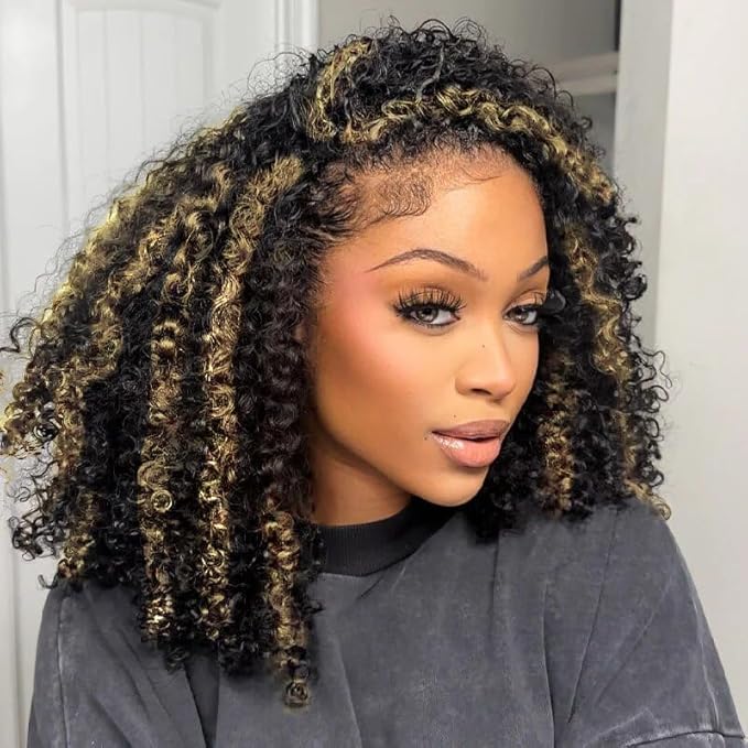 Kinky Curly Half Wig Human Hair 200% Density Ombre Wear Go Glueless Wigs Human Hair Hightlight Blonde Curly 3 In 1 Half Wigs for Women Drawstring Seamless Flip Headband Wig Beginner Friendly 20 Inch