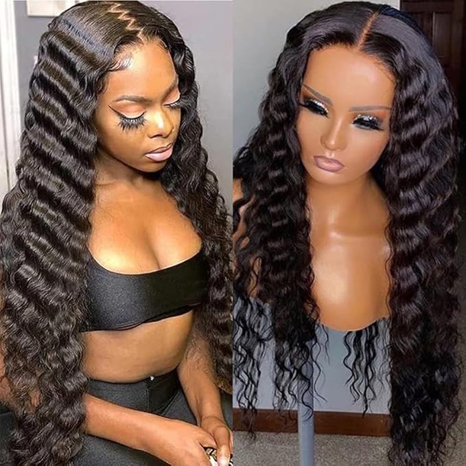 13X6 HD Lace Front Wigs Human Hair Pre Plucked Deep Curly Wave Brazilian Virgin Wigs with Baby Hair for Black Women Natural Black Color 180% Density 24 Inch