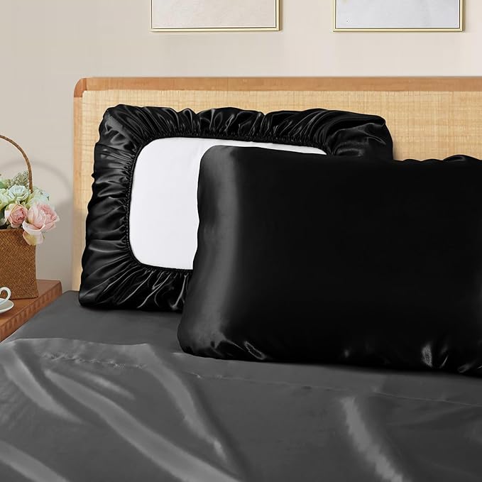 SiinvdaBZX Black Satin Pillowcase Standard/Queen Size Set of 2, Silky Travel Elastic Band Satin Pillow Case for Hair and Skin, Soft Portable & Fit for Various Pillow